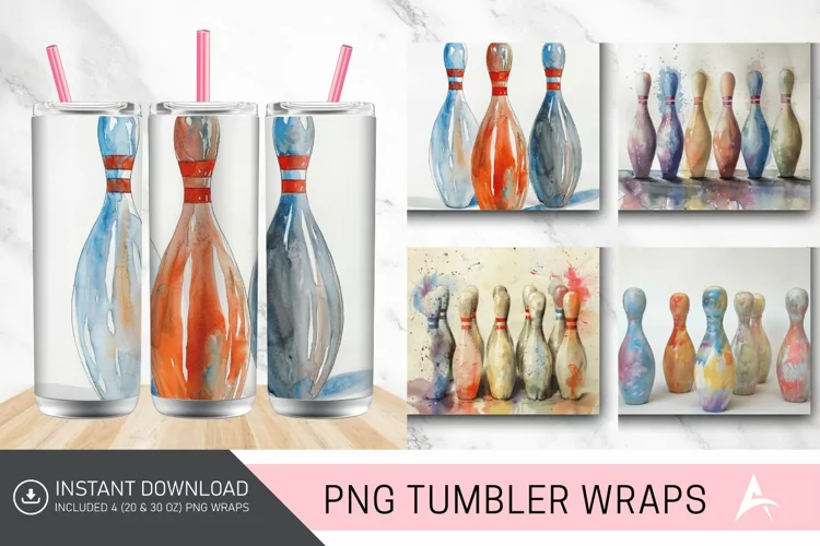 3D Watercolor Bowling Pins Tumbler Wrap