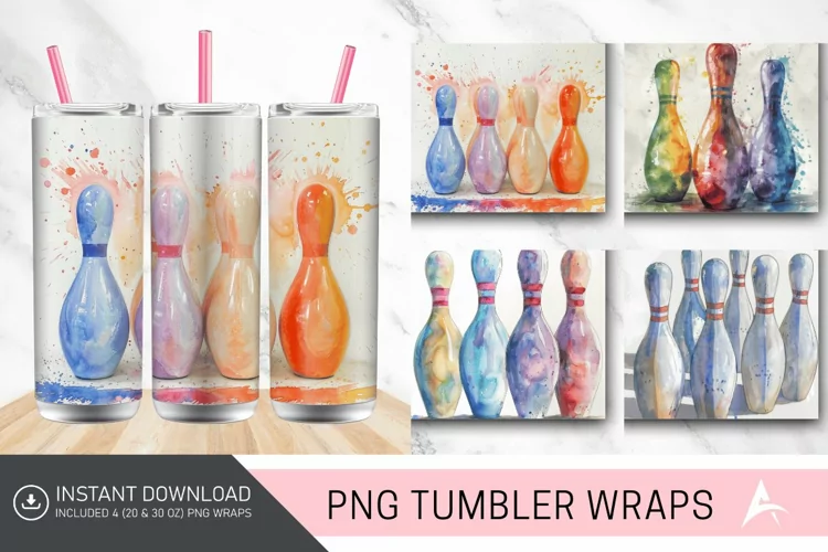 3D Watercolor Bowling Pins Tumbler Wrap