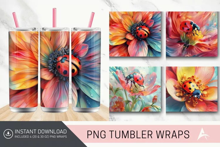 3D Watercolor Ladybug Flower Tumbler Wrap