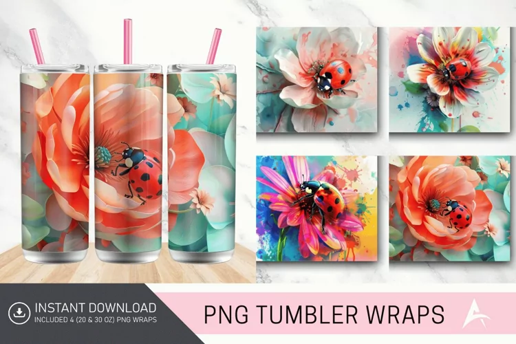 3D Watercolor Ladybug Flower Tumbler Wrap