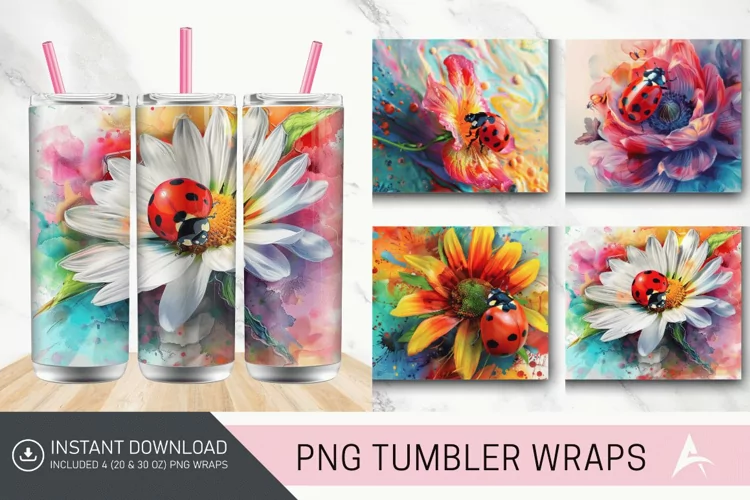 3D Watercolor Ladybug Flower Tumbler Wrap