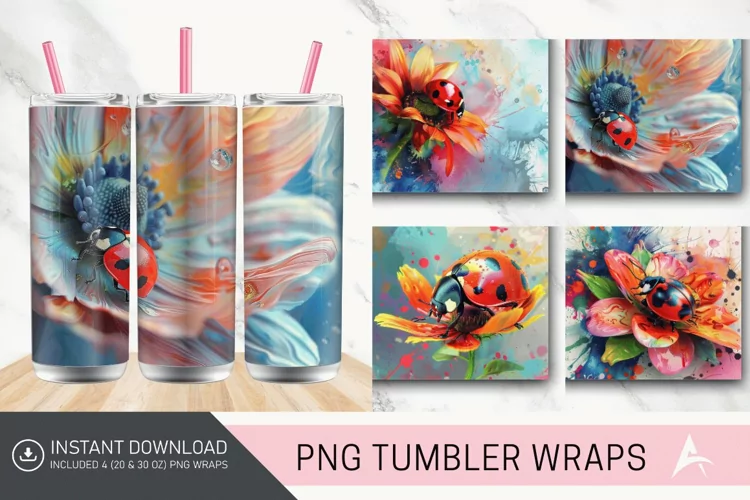 3D Watercolor Ladybug Flower Tumbler Wrap