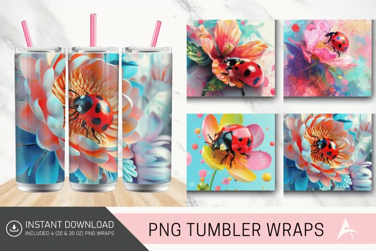 3D Watercolor Ladybug Flower Tumbler Wrap