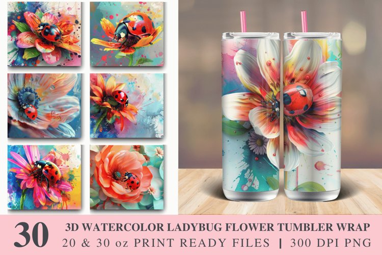 3D Watercolor Ladybug Flower Tumbler Wrap Bundle