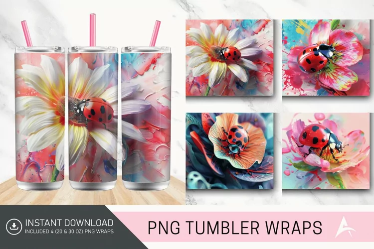 3D Watercolor Ladybug Flower Tumbler Wrap