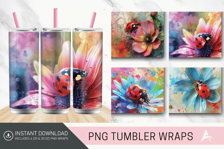 3D Watercolor Ladybug Flower Tumbler Wrap