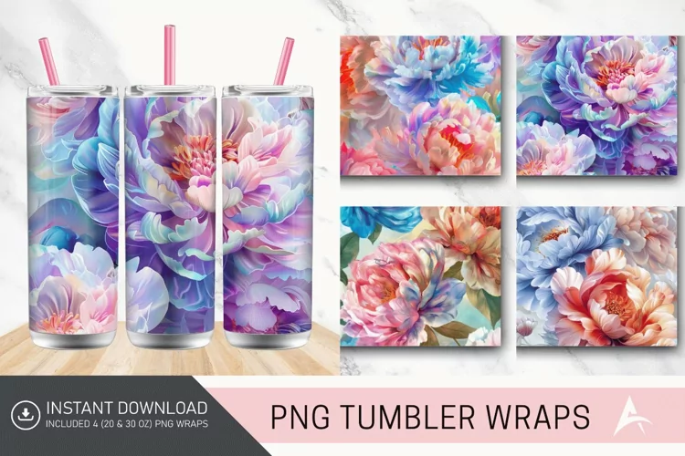 3D Watercolor Peonies Flower Tumbler wrap