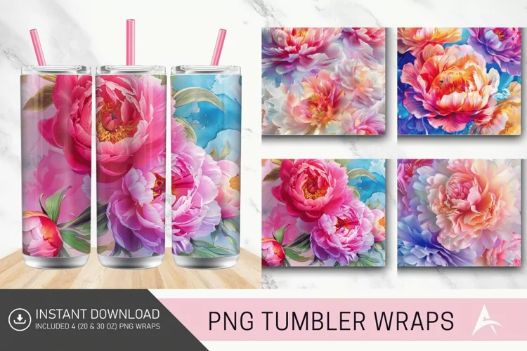 3D Watercolor Peonies Flower Tumbler wrap