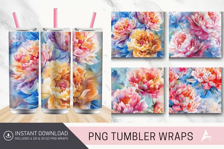 3D Watercolor Peonies Flower Tumbler wrap