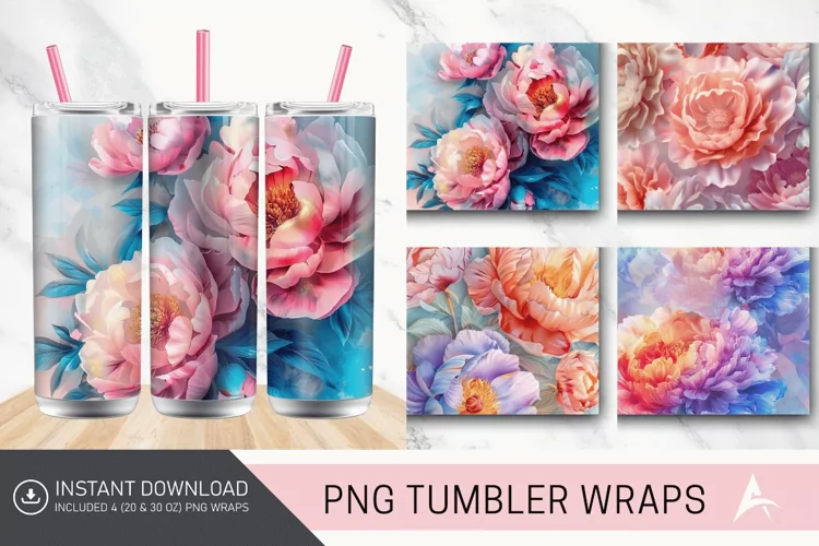 3D Watercolor Peonies Flower Tumbler wrap