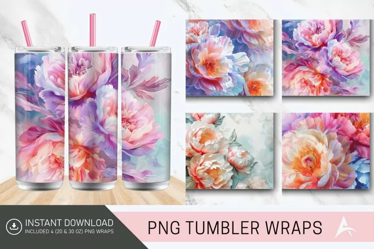 3D Watercolor Peonies Flower Tumbler wrap