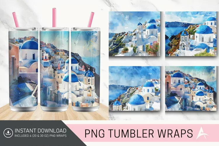 3D Watercolor Santorini Tumbler wrap