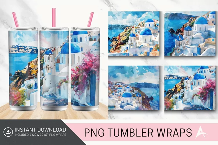3D Watercolor Santorini Tumbler wrap