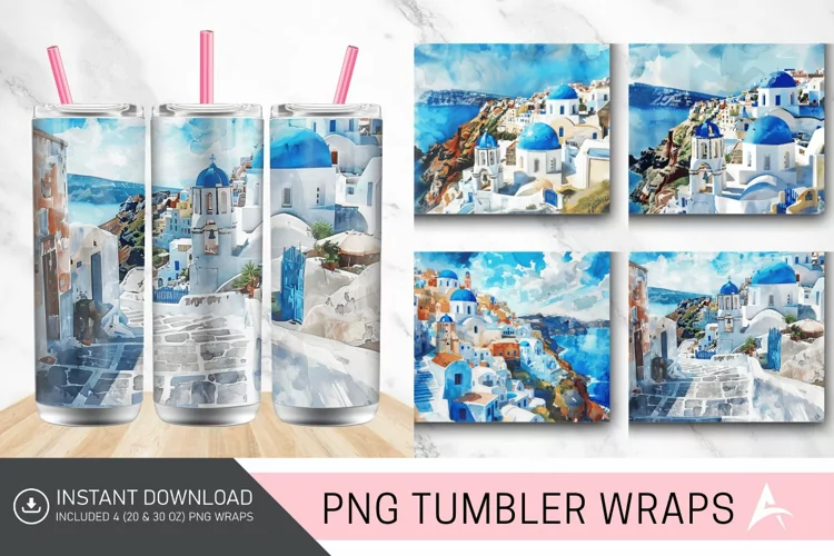 3D Watercolor Santorini Tumbler wrap