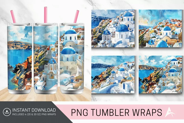 3D Watercolor Santorini Tumbler wrap