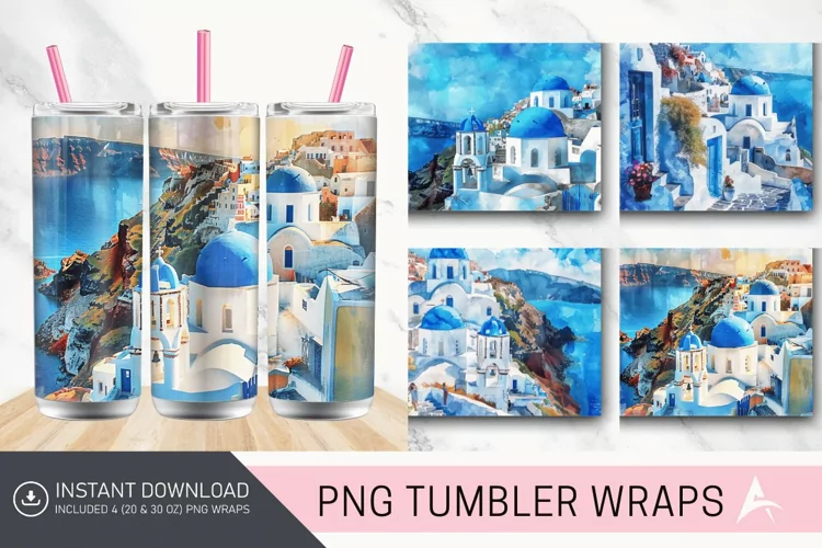3D Watercolor Santorini Tumbler wrap