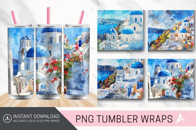 3D Watercolor Santorini Tumbler wrap