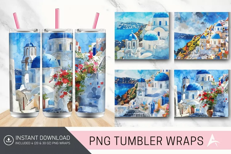 3D Watercolor Santorini Tumbler wrap