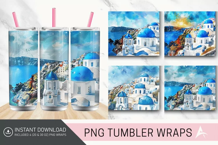 3D Watercolor Santorini Tumbler wrap