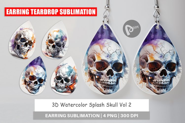Earring Teardrop 3D Watercolor Splash Skull
