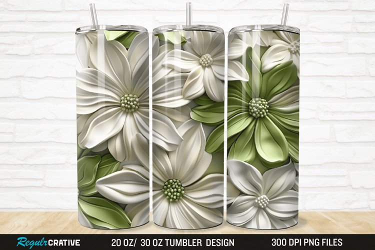 3D White And Green Flowers 20/30oz Skinny Tumbler example image 1