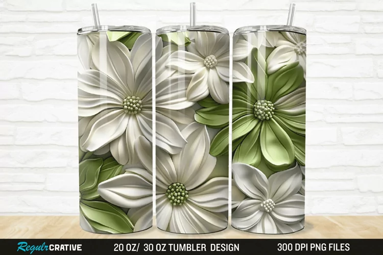 3D White And Green Flowers 20/30oz Skinny Tumbler