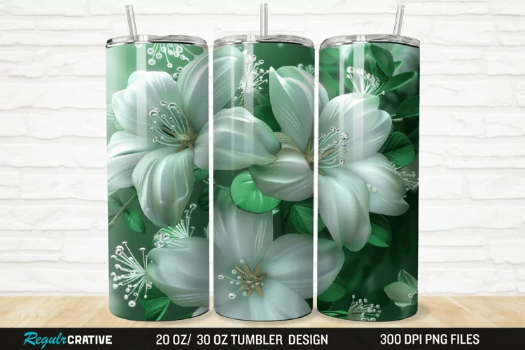 3D White And Green Flowers 20/30oz Skinny Tumbler