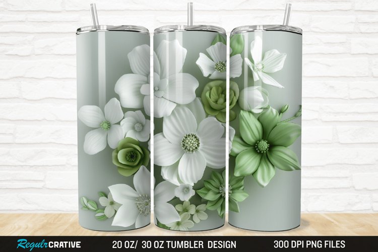 3D White And Green Flowers 20/30oz Skinny Tumbler example image 1