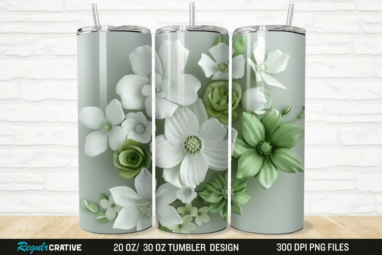 3D White And Green Flowers 20/30oz Skinny Tumbler