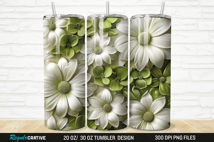 3D White And Green Flowers 20/30oz Skinny Tumbler