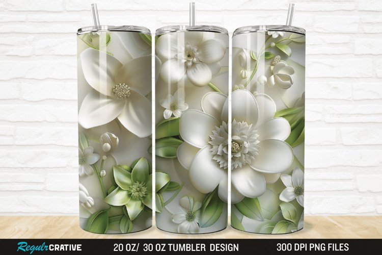 3D White And Green Flowers 20/30oz Skinny Tumbler example image 1