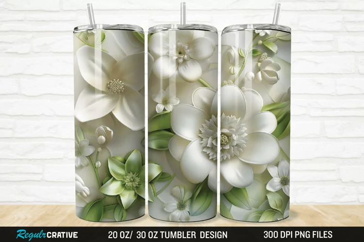 3D White And Green Flowers 20/30oz Skinny Tumbler