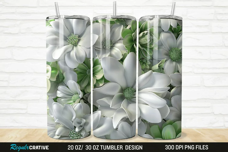 3D White And Green Flowers 20/30oz Skinny Tumbler