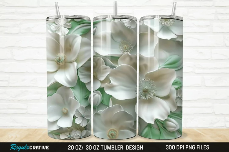3D White And Green Flowers 20/30oz Skinny Tumbler