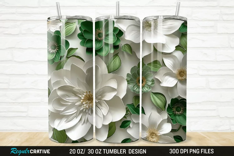 3D White And Green Flowers 20/30oz Skinny Tumbler