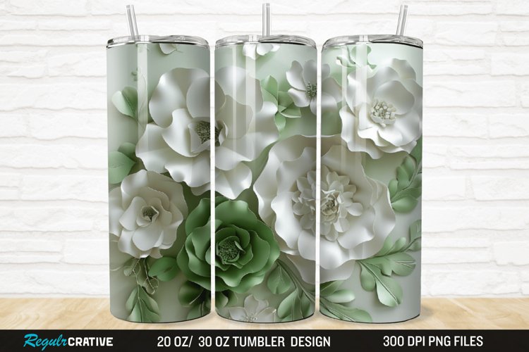 3D White And Green Flowers 20/30oz Skinny Tumbler example image 1