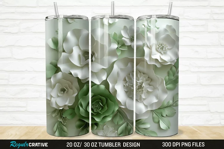 3D White And Green Flowers 20/30oz Skinny Tumbler