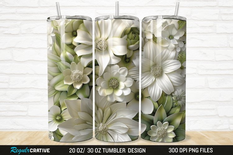 3D White And Green Flowers 20/30oz Skinny Tumbler example image 1