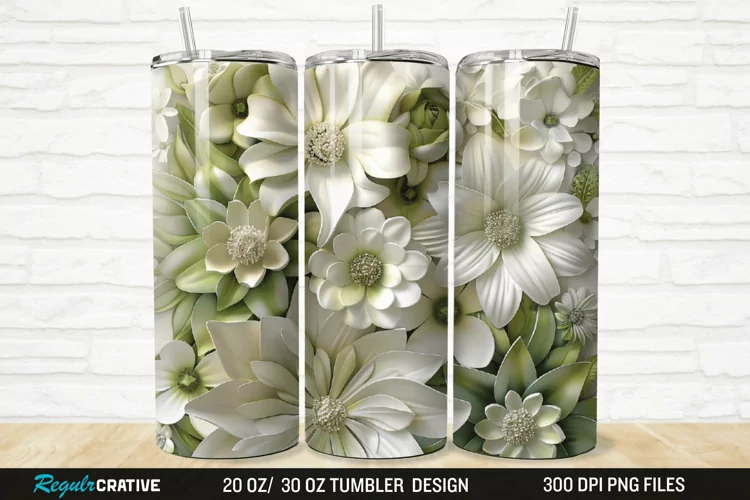 3D White And Green Flowers 20/30oz Skinny Tumbler