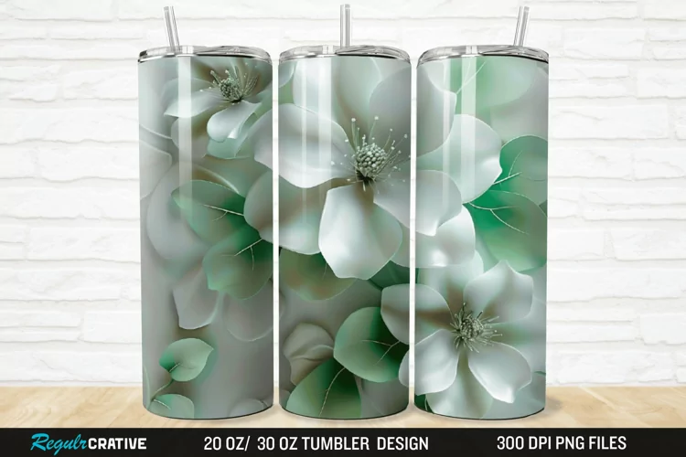 3D White And Green Flowers 20/30oz Skinny Tumbler