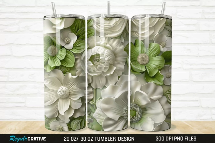 3D White And Green Flowers 20/30oz Skinny Tumbler