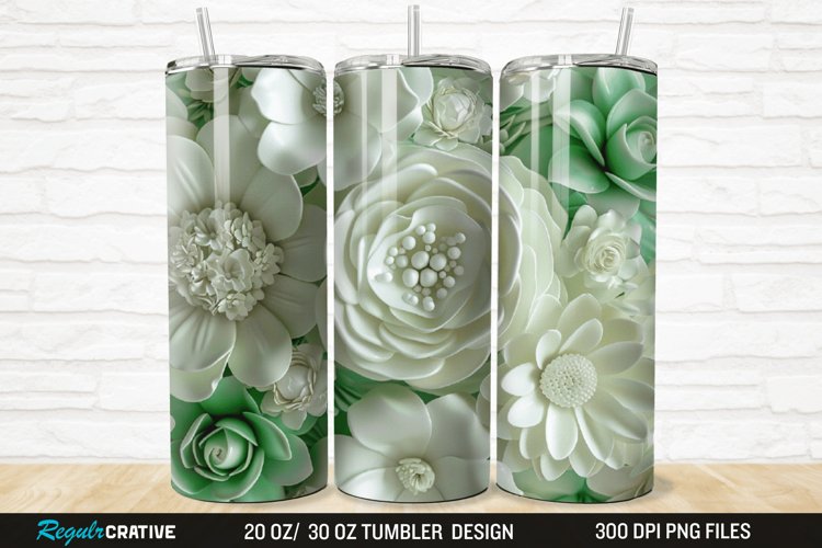 3D White And Green Flowers 20/30oz Skinny Tumbler example image 1