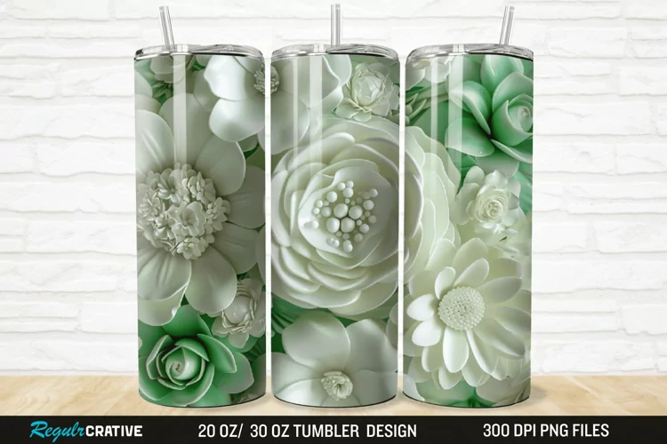 3D White And Green Flowers 20/30oz Skinny Tumbler