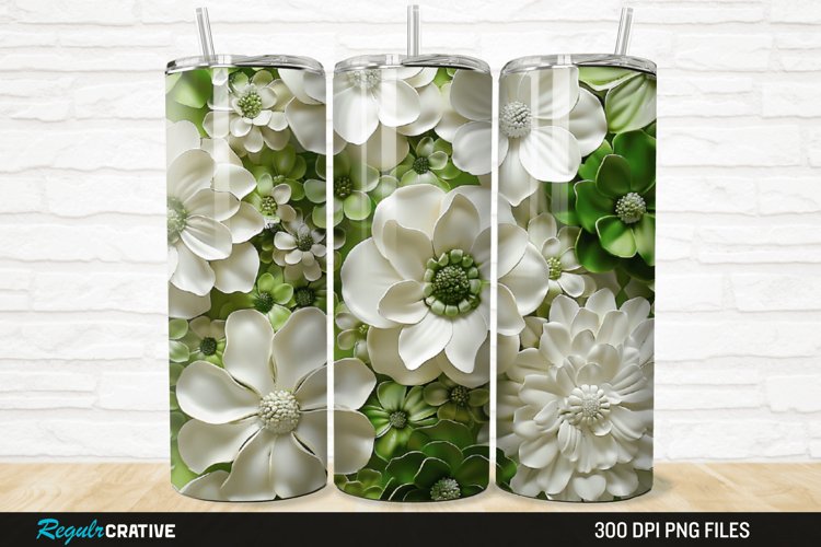 3D White And Green Flowers 20/30oz Skinny Tumbler example image 1