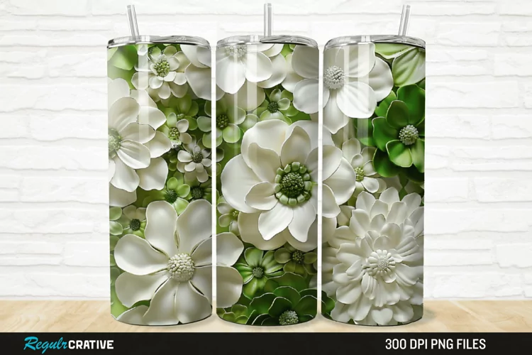 3D White And Green Flowers 20/30oz Skinny Tumbler