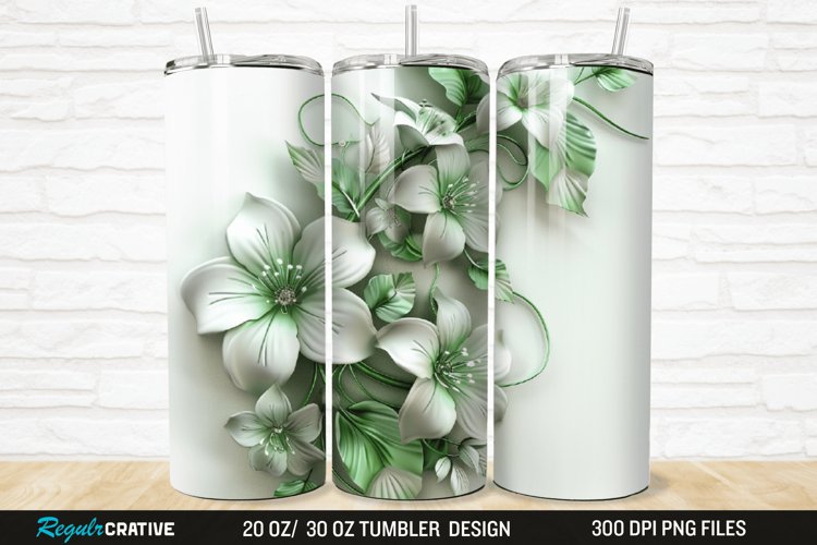 3D White And Green Flowers 20/30oz Skinny Tumbler example image 1