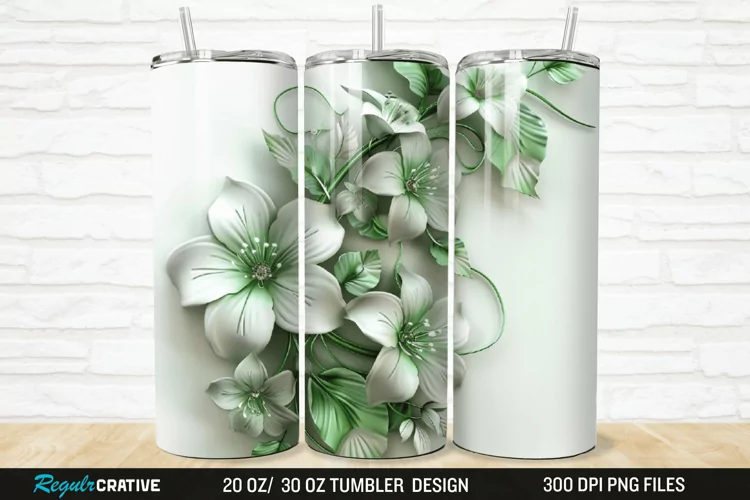 3D White And Green Flowers 20/30oz Skinny Tumbler