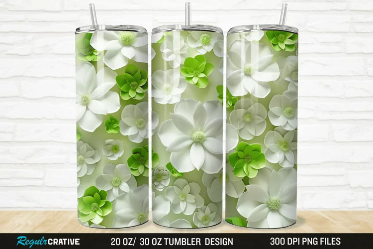 3D White And Green Flowers 20/30oz Skinny Tumbler