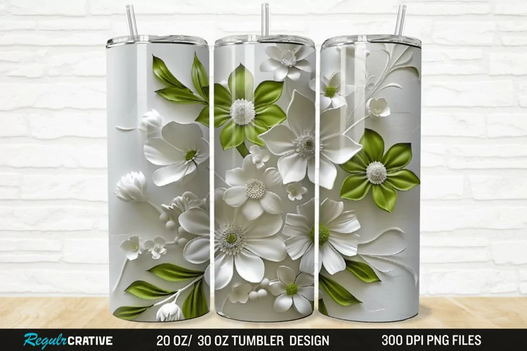 3D White And Green Flowers 20/30oz Skinny Tumbler