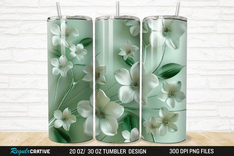 3D White And Green Flowers 20/30oz Skinny Tumbler example image 1